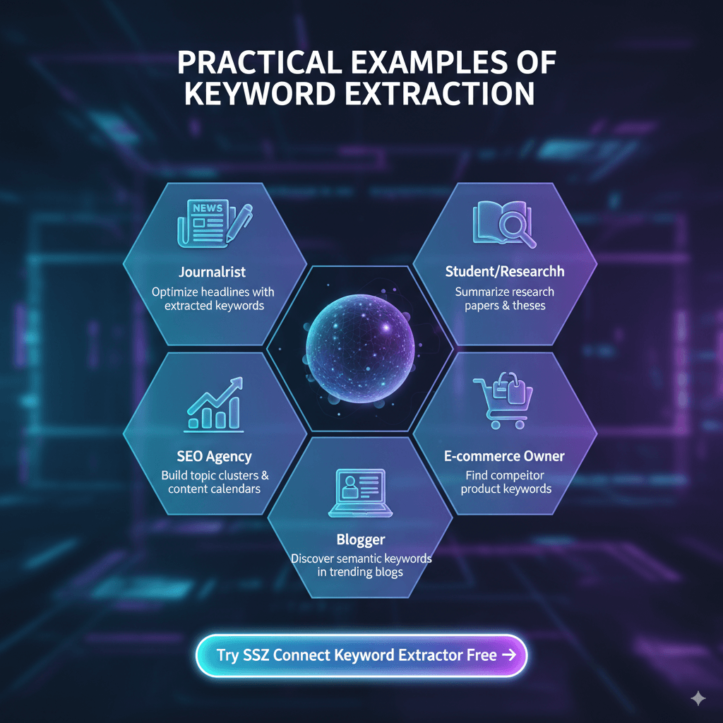 Illustration showing different professionals like journalist, student, SEO expert, and e-commerce owner using keyword extraction in real-world scenarios.