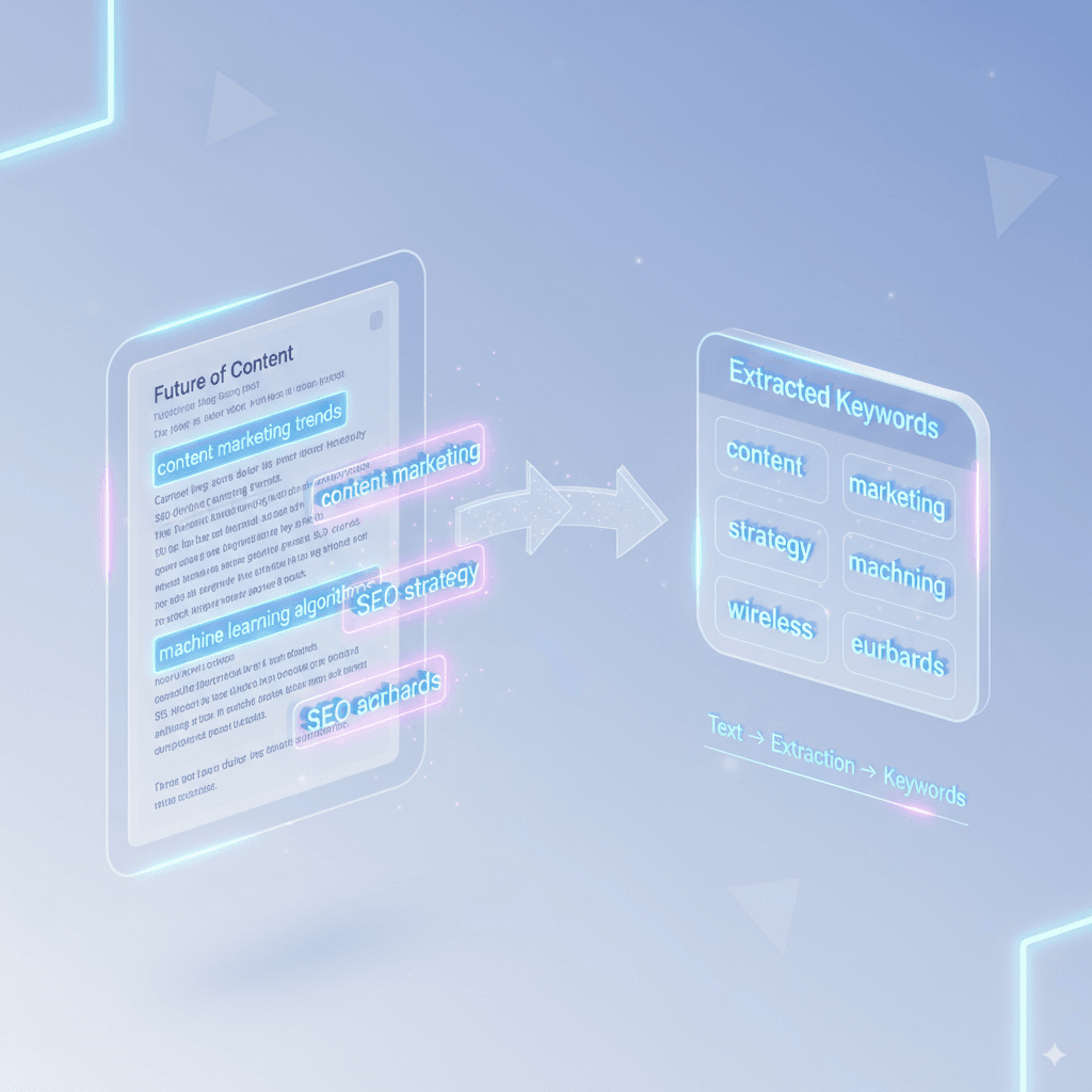3D digital illustration of text with highlighted keywords, showing how keyword extraction identifies important terms in natural language processing.